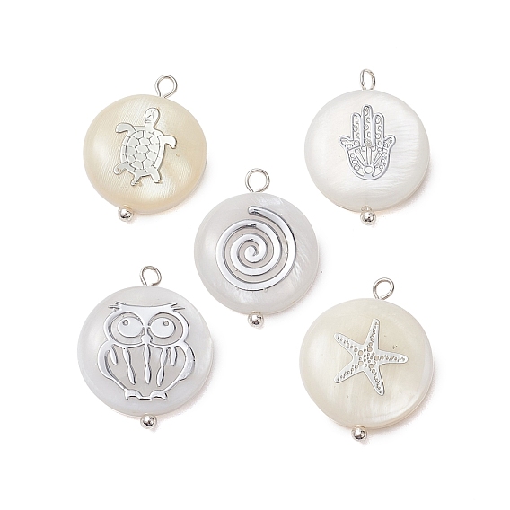Pendentifs de coquillages d'eau douce naturelle, Breloques rondes et plates avec tranches de laiton de couleur argentée