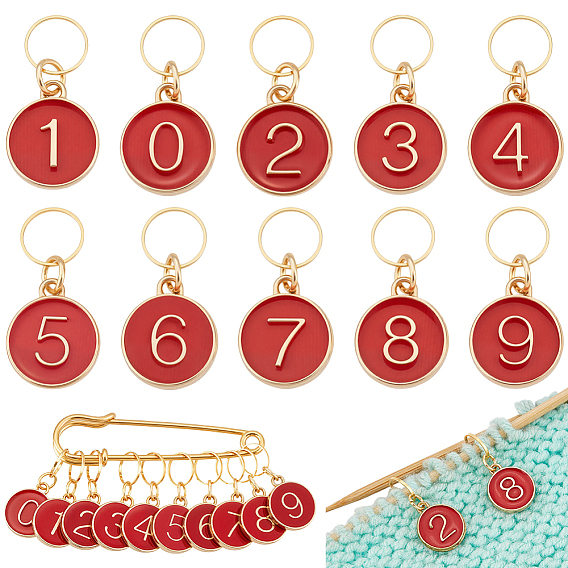 10 шт. сплав эмалированный номер 0~9 подвесные маркеры стежков, с латунными соединительными кольцами и 304 булавками из нержавеющей стали брошь, плоско-круглые