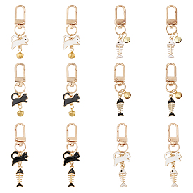 6 наборы 3 стиль кошка и рыбья кость сплав эмаль подвески украшения, с колокольчиком и поворотными застежками