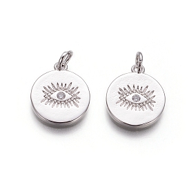 Латунные подвески, с фианитом и кольцами для прыжков, плоские круглые с сглаза, прозрачные