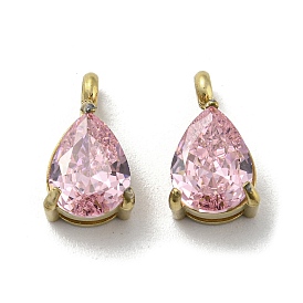 304 Stainless Steel Pendants, with Pink Cubic Zirconia, Teardrop Charms