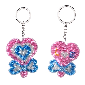Porte-clés pendentif sucette cœur, kits de broderie de perles pour débutants, y compris une perle en plastique, tissu et fil à broder, aiguille, porte-clés anneaux, rembourrage en coton