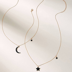 Geometric Double-layer Necklace with Diamond Star and Moon - Minimalist Jewelry.