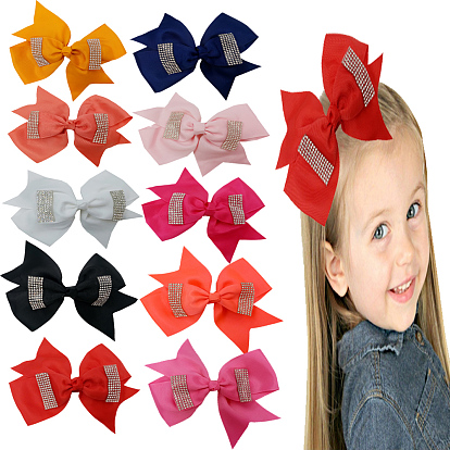 Grosgrain Bowknot Alligator Hair Clips, with Iron Alligator Clips, Acrylic Rhinestones