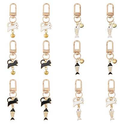 6 наборы 3 стиль кошка и рыбья кость сплав эмаль подвески украшения, с колокольчиком и поворотными застежками