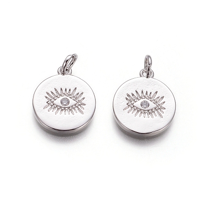 Латунные подвески, с фианитом и кольцами для прыжков, плоские круглые с сглаза, прозрачные