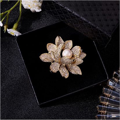 Golden Lotus Flower Brooch Clear Zircon Brooch Pin White Beads Brooches Badge Jewelry for Jackets Backpack Corsage Lapel Scarf Clothing Accessories