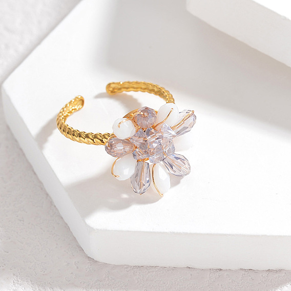 304 манжетные кольца из нержавеющей стали со стеклянным кристаллом, цветок, для женщин