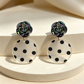 Iron & Acrylic Stud Earrings for Women, Flat Round with Flower