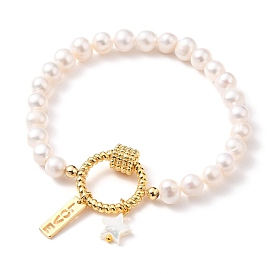 Valentine's Day Stretch Charm Bracelets, with Natural Pearl Potato Beads, Star Shell Beads and Brass Findings, Rectangle with Word LOVE