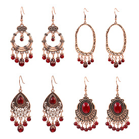 Vintage Red Garnet Geometric Dangle Earrings for Women, Round Face Slimming Lucky Charm Jewelry