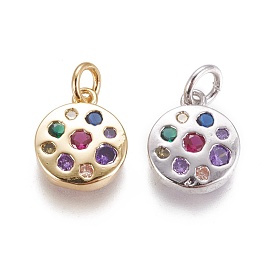 Brass Micro Pave Cubic Zirconia Charms, Flat Round, Colorful