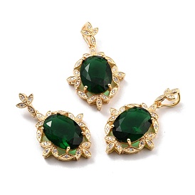 Rack Plating Brass Micro Pave Green Cubic Zirconia Pendants, Long-Lasting Plated, Oval