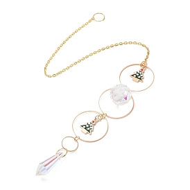 Christmas Theme Sun Catcher Glass Pendant Decorations, Artificial Crystal Hanging Ornament, with Brass and Iron Findings & Alloy Enamel Charms, Bullet