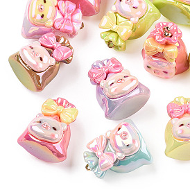 UV Plated Rainbow Resin Pendants, Pig Shaped Lucky Bag Charms with Golden Tone Alloy Loops