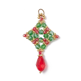 Рождественские стеклянные подвески, ромб, с 304 открытыми соединительными кольцами из нержавеющей стали и бусинами, граненые