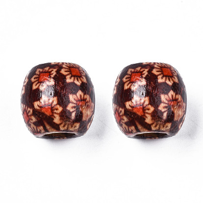 Printed Natural Wood Beads, Macrame Beads Large Hole, Barrel with Square and Flower