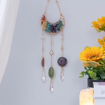 Natural & Synthetic Mixed Stone Chip Wire Wrapped Moon Hanging Ornaments, Glass Teardrop & Natural Agate Tassel Suncatchers for Home Outdoor Decoration