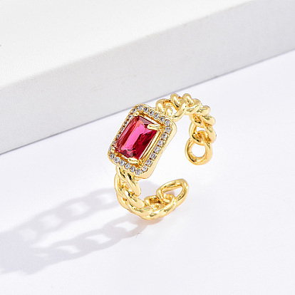 Brass Micro Pave Cubic Zirconia Open Cuff Rings, Rectangle