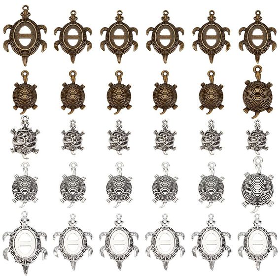 30Pcs 5 Style Alloy Tibetan Style Rhinestone & Pendant Cabochons Setting Sets, Turtle
