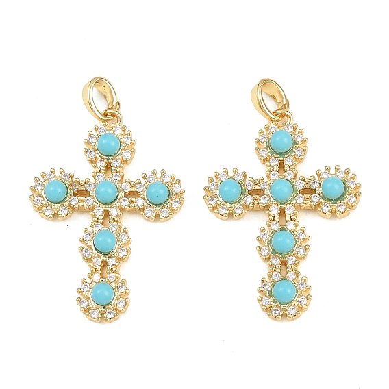 Латунные микропаве прозрачные подвески с фианитом, cmолой, крест прелести, золотые