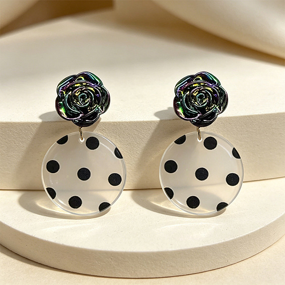 Iron & Acrylic Stud Earrings for Women, Flat Round with Flower