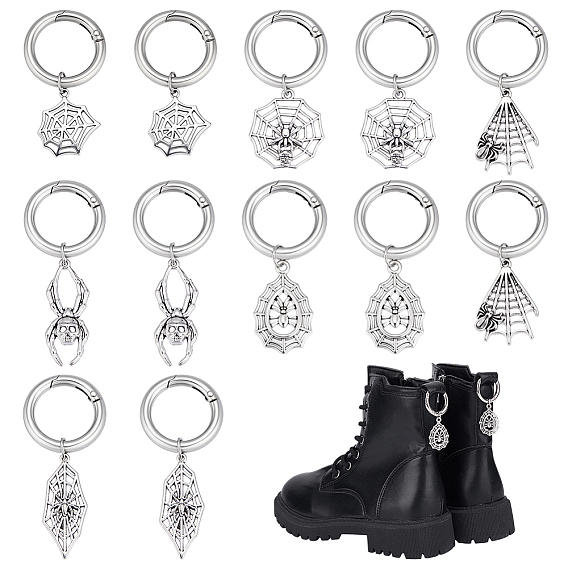 12 шт. 6 стили тибетский стиль сплав подвески паутина и паук обувь, с пружинными кольцами ворот
