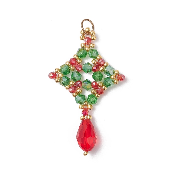 Рождественские стеклянные подвески, ромб, с 304 открытыми соединительными кольцами из нержавеющей стали и бусинами, граненые