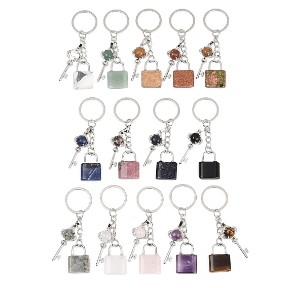 Брелоки-подвески с драгоценными камнями, Замок и ключ, с разъемным кольцом для ключей из латуни и железа, стойки покрытие, долговечный, платина