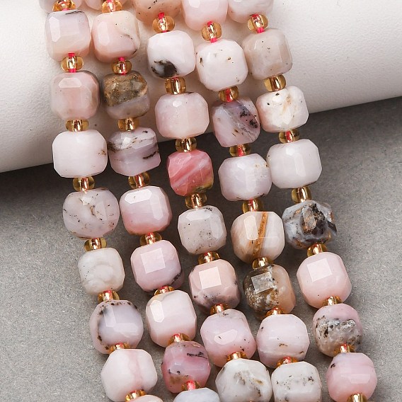 Natural Pink Opal Beads Strands, Faceted Table Cut Cube Beads, with Seed Beads