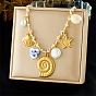Морская тематика 304 Колье из нержавеющей стали с эмалью, искусственным жемчугом и фарфором, с множеством подвесок для женщин, золотые