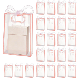 24Pcs PP Plastic Gift Tote Bags, Rectangle, with 1 Roll Polyester Mesh Ribbon