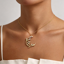 304 Stainless Steel Hollow Out Rose Flower Crescent Moon Pendant Necklaces for Women