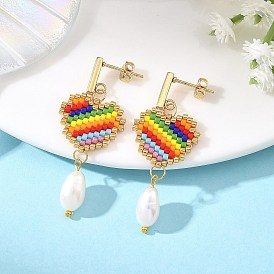 Natural Cultured Freshwater Pearl & Glass Beads Braided Dangle Earrings, Heart with Rainbow, 304 Stainless Steel Stud Earrings for Women