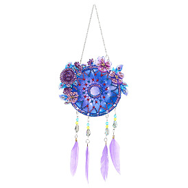 DIY Flower Diamond Painting Web with Feather Wind Chime Kits, Including Resin Rhinestones, Diamond Sticky Pen, Tray Plate and Glue Clay