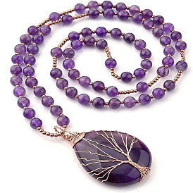 Natural Amethyst Pendants Necklace, Metal Wire Wrapped Tree of Life Water Drop