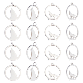 20 pcs 2 style 201 pendentifs en acier inoxydable, pendentifs loup hurlant, avec anneaux de saut non soudés, plat rond avec le loup