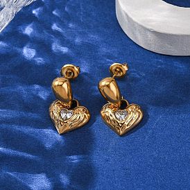 304 серьги-гвоздики в форме сердца из нержавеющей стали, со стразами