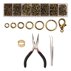 DIY Jewelry Making Finding Kit, Including Brass Jump Rings & Open Jump Rings, Zinc Alloy Lobster Claw Clasps, Tweezers, Pliers