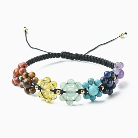 Chakra Theme Flower Gemstone Braided Bead Bracelets, Nylon Adjustable Bracelets for Women