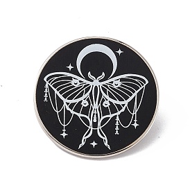 Moon With Moth Enamel Pin, Platinum Brass Flat Round Brooch for Backpack Clothes