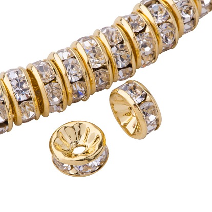Rondelle Brass Rhinestone Spacer Beads, Grade AAA, Straight Flange, Nickel Free, 8x3.8mm, Hole: 1.5mm