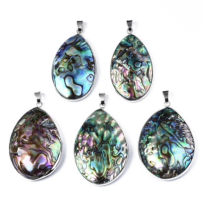 Natural Abalone Shell/Paua Shell Pendants, with Platinum Plated Random Brass Pendant Bails, Oval