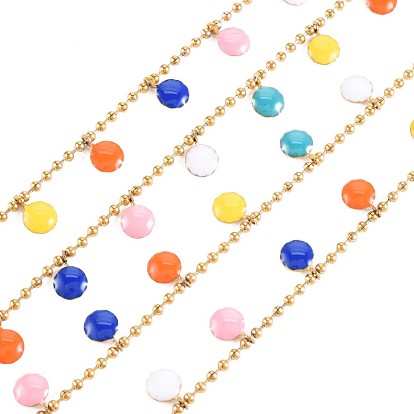 304 Stainless Steel Ball Chains, with Flat Round Enamel Charm, Real 18K Gold Plated