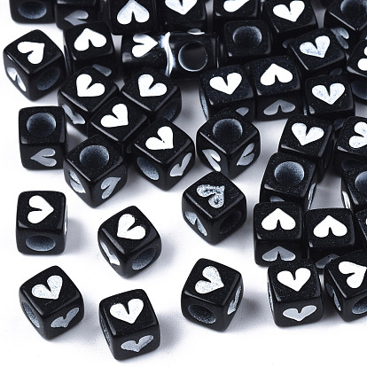 Spray Paint Opaque Acrylic Beads, Cube with Heart