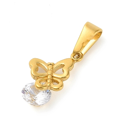 304 Stainless Steel Micro Pave Clear Cubic Zirconia Pendants, Butterfly