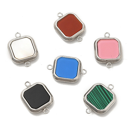 Vacuum Plating 304 Stainless Steel Connector Charms, Square Links, with Acrylic & Shell & Synthetic Malachite