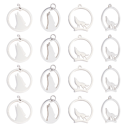 20 pcs 2 style 201 pendentifs en acier inoxydable, pendentifs loup hurlant, avec anneaux de saut non soudés, plat rond avec le loup