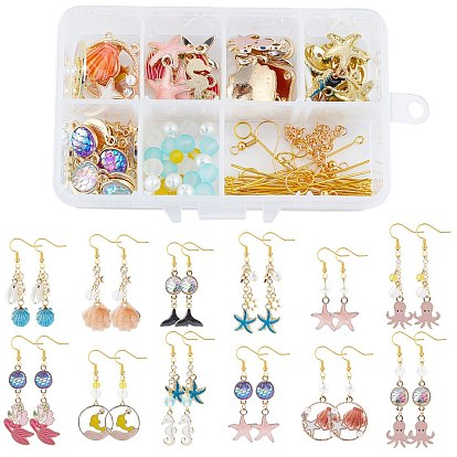 Наборы для самостоятельного изготовления сережек в морском стиле, в том числе подвески из сплава эмали, соединители из сплава смолы, Стеклянные бусины, Стеклянные жемчужные бусины, Латунные крючки для сережек