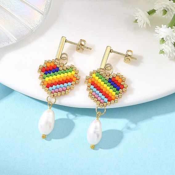 Natural Cultured Freshwater Pearl & Glass Beads Braided Dangle Earrings, Heart with Rainbow, 304 Stainless Steel Stud Earrings for Women